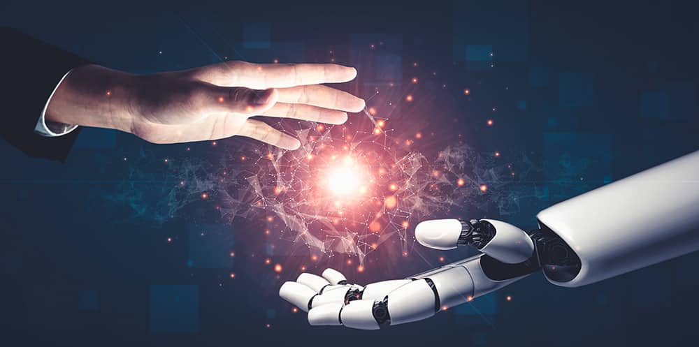Human hand and AI hand share digital transformation