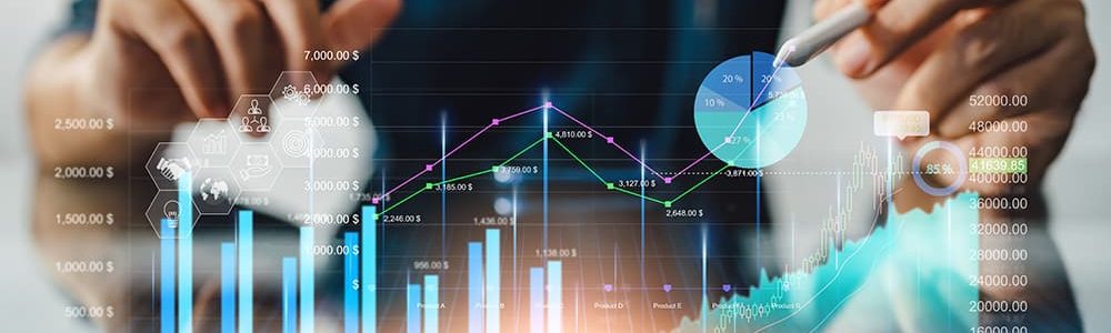 Business analysis big data screen and economic growth with financial graph. Concept of metaverse virtual dashboard technology - study financial management