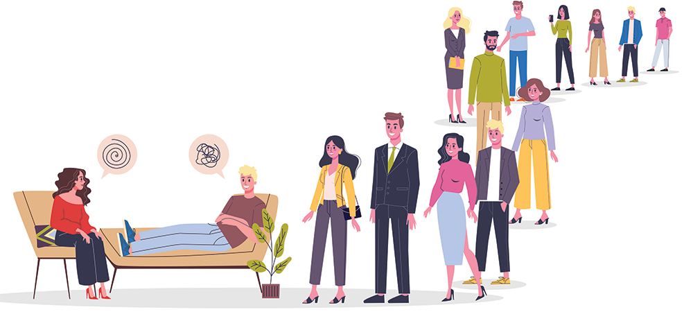 Vector illustration of patients queueing up for a session with a psychologist - to represent importance of health psychology