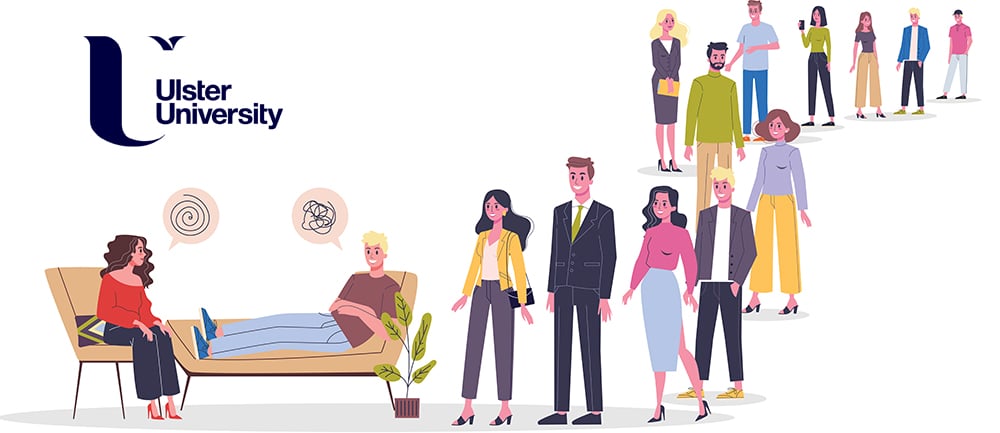 Vector illustration of patients queueing up for a session with a psychologist - to represent importance of health psychology