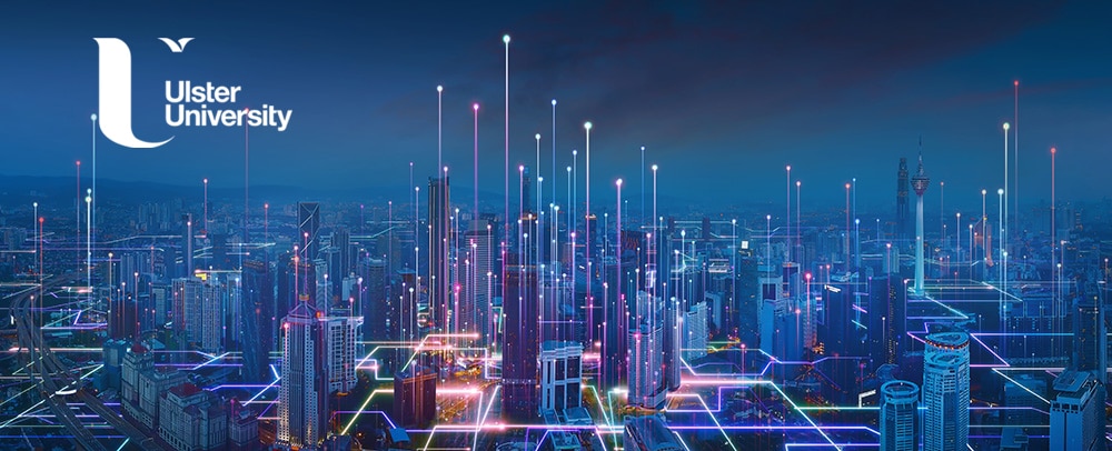 Futuristic cityscape showing network lines to represent top fintech trends 2023