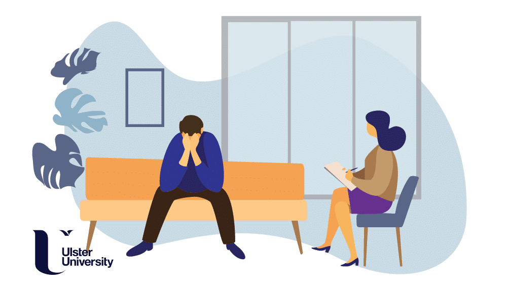 The illustration shows a psychologist conducting a session with a distressed patient.