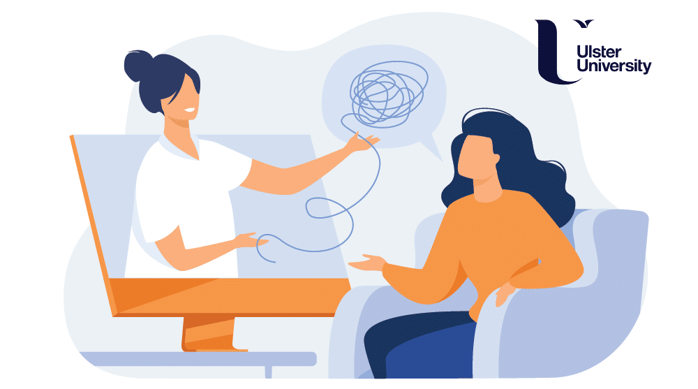 An illustration shows a psychologist conducting a virtual session with a patient.